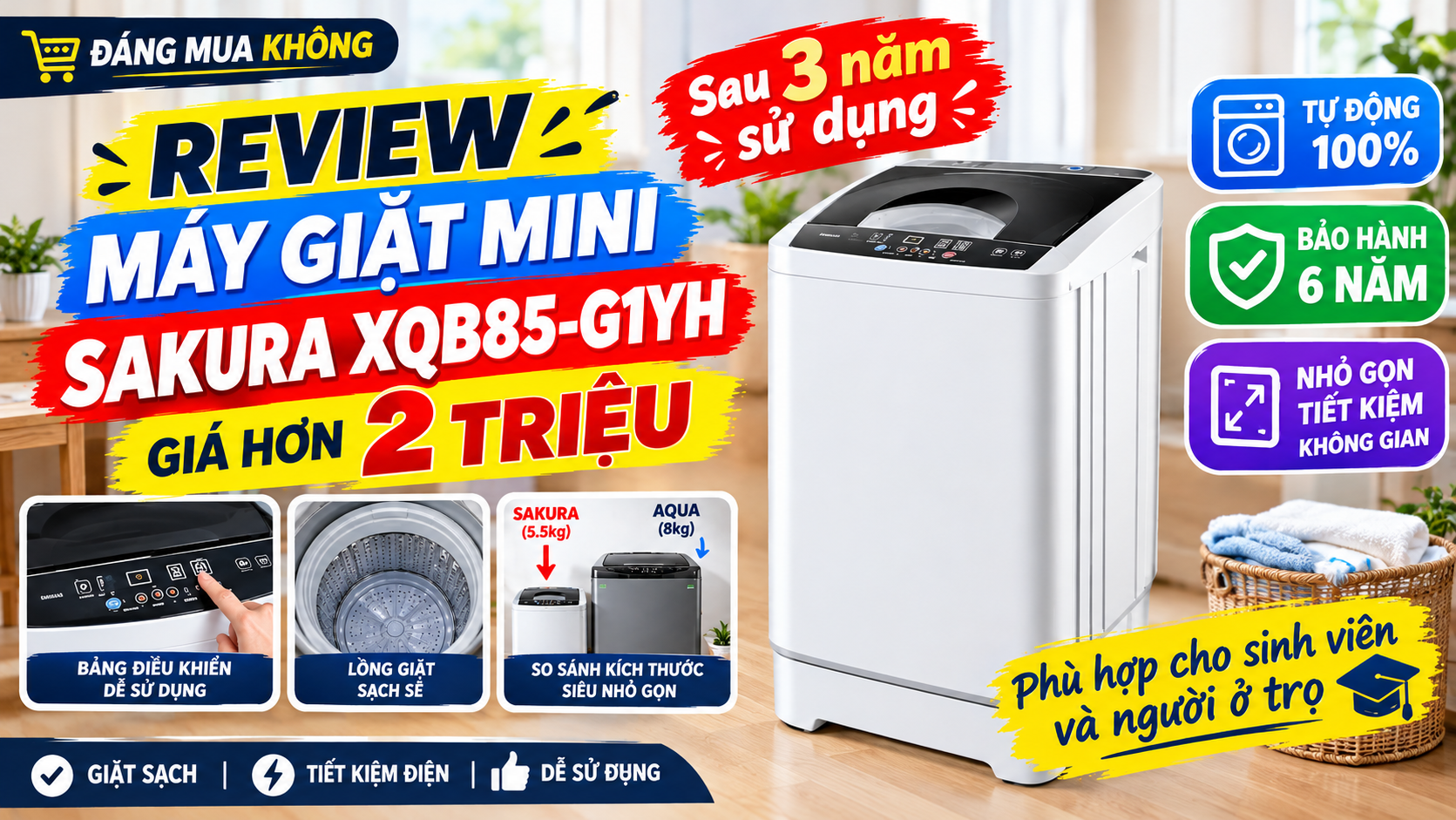Review máy giặt mini SAKURA XQB85-G1YH: Có đáng mua?